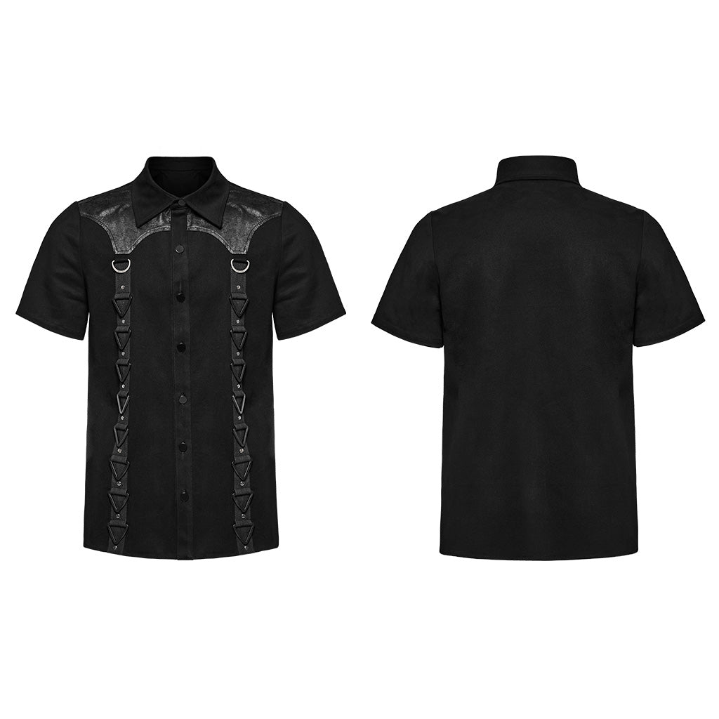 WY-1612XDM Gothic Punk black Triangle Buckle Shirt with Leather Accents