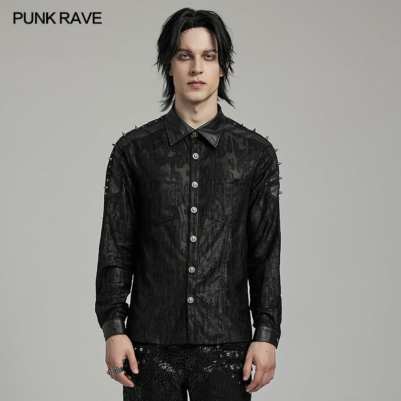 WY-1613CCM Mens Spiked black Gothic Punk Lace Shirt