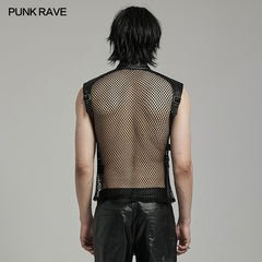 WY-1614MJM Edgy Gothic Mesh Vest Faux Leather Straps FALSE