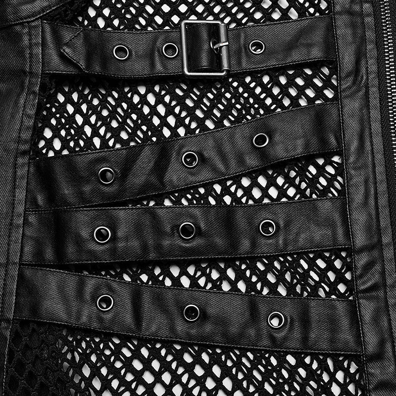 WY-1614MJM Edgy Gothic Mesh Vest Faux Leather Straps FALSE?-??Punk Rave Clothing