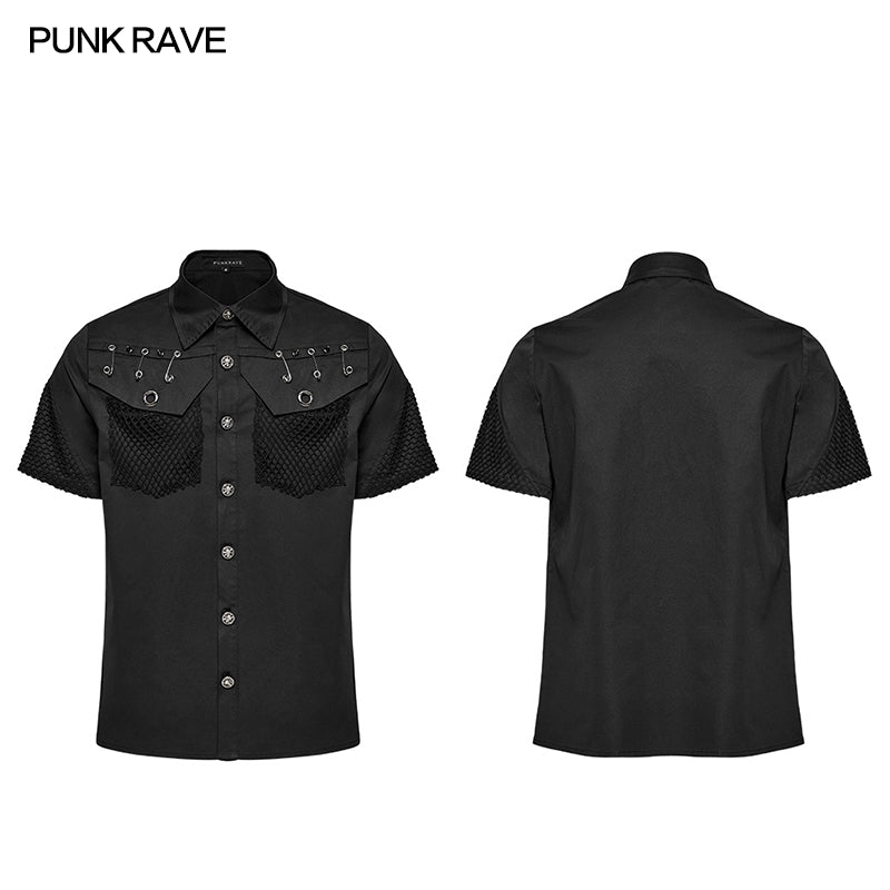 WY-1619CDM Mens black Rivet Short Sleeve Punk Shirt?-??Punk Rave Clothing
