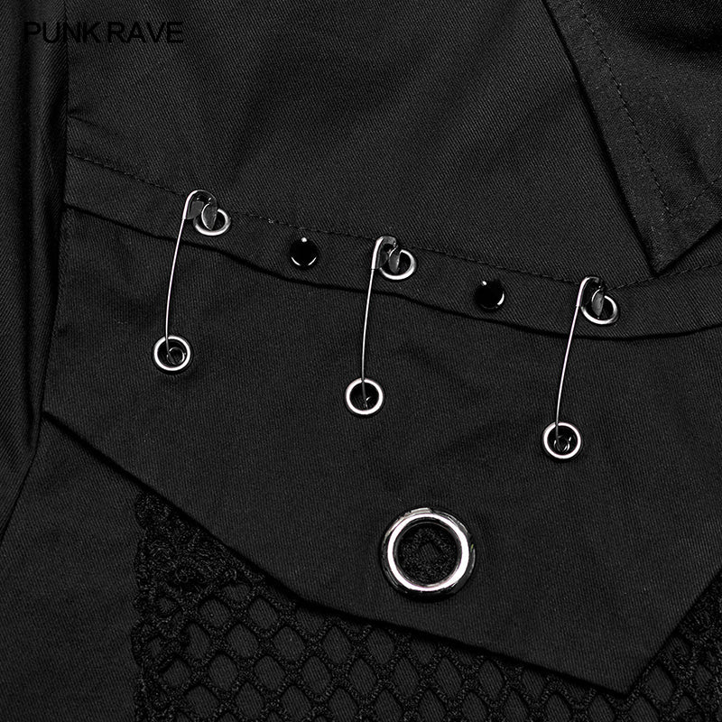 WY-1619CDM Mens black Rivet Short Sleeve Punk Shirt?-??Punk Rave Clothing