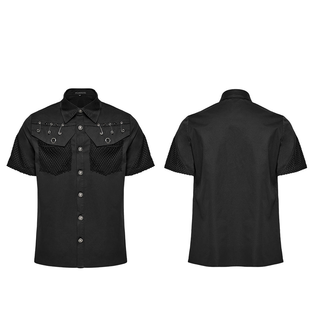 WY-1619CDM Mens black Rivet Short Sleeve Punk Shirt?-??Punk Rave Clothing