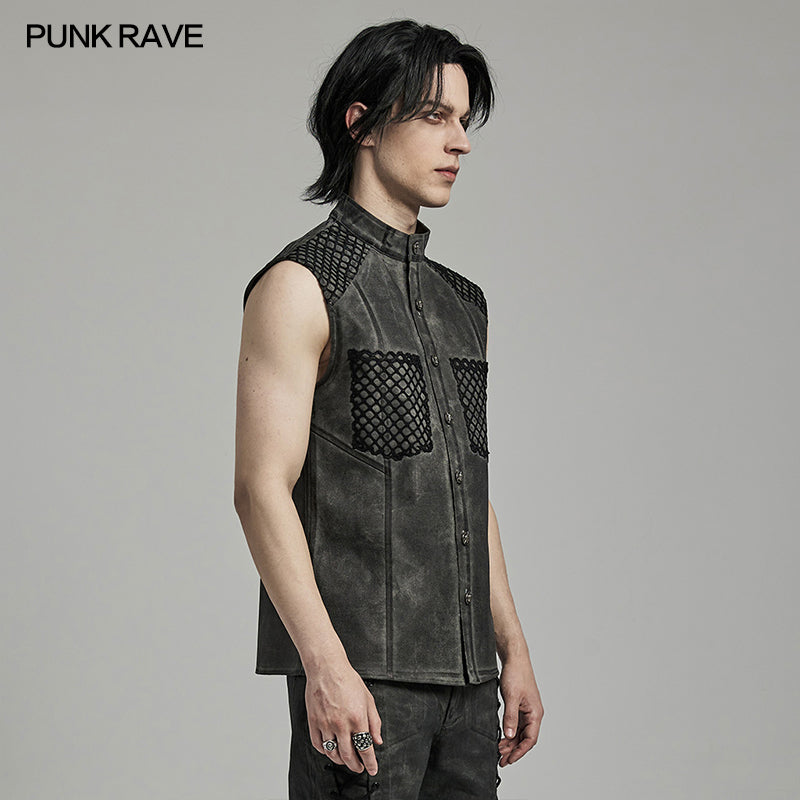 WY-1622CWM Mens Punk Vest with Studded Shoulders and Mesh Accents