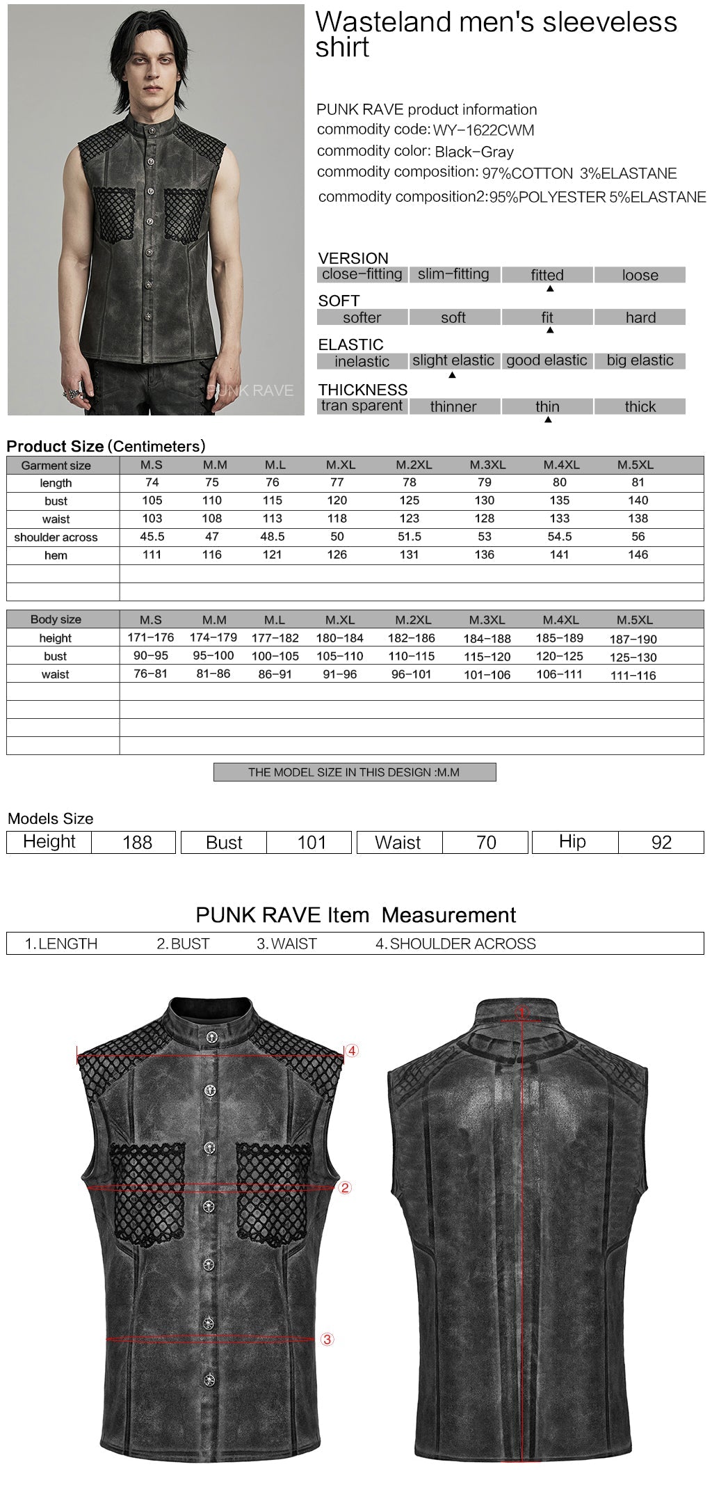 WY-1622CWM Mens Punk Vest with Studded Shoulders and Mesh Accents?-??Punk Rave Clothing