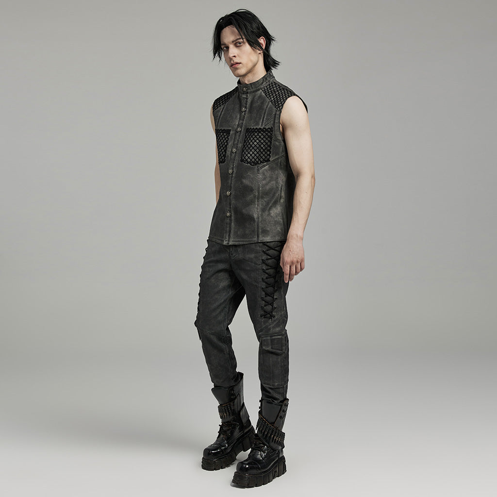 WY-1622CWM Mens Punk Vest with Studded Shoulders and Mesh Accents?-??Punk Rave Clothing
