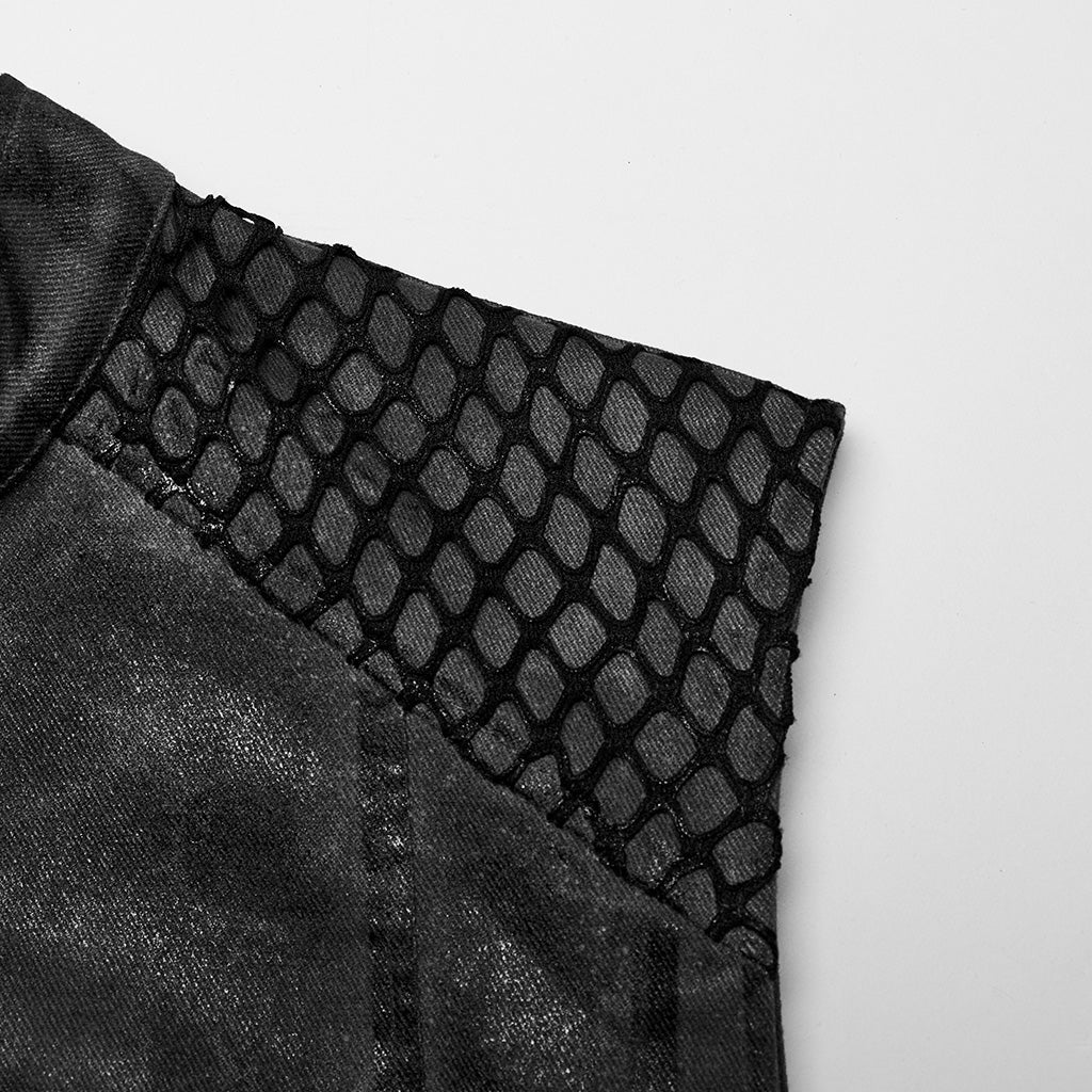 WY-1622CWM Mens Punk Vest with Studded Shoulders and Mesh Accents?-??Punk Rave Clothing