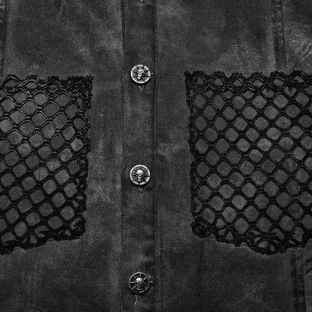 WY-1622CWM Mens Punk Vest with Studded Shoulders and Mesh Accents?-??Punk Rave Clothing