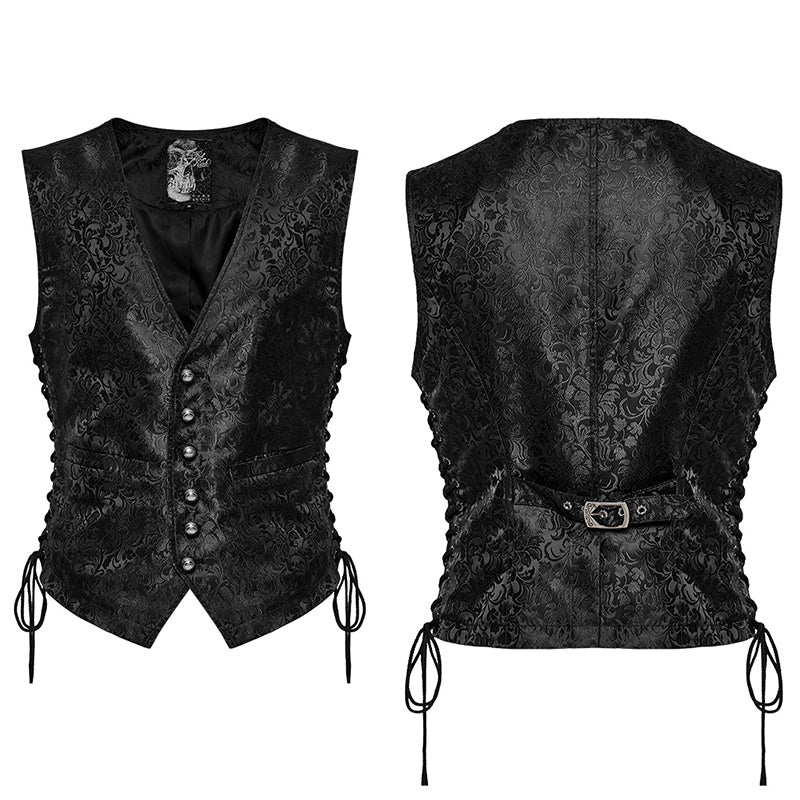 WY-1623MJM Midnight Gothic Vest Brocade Buttoned Waistcoat Lace-Up Sides