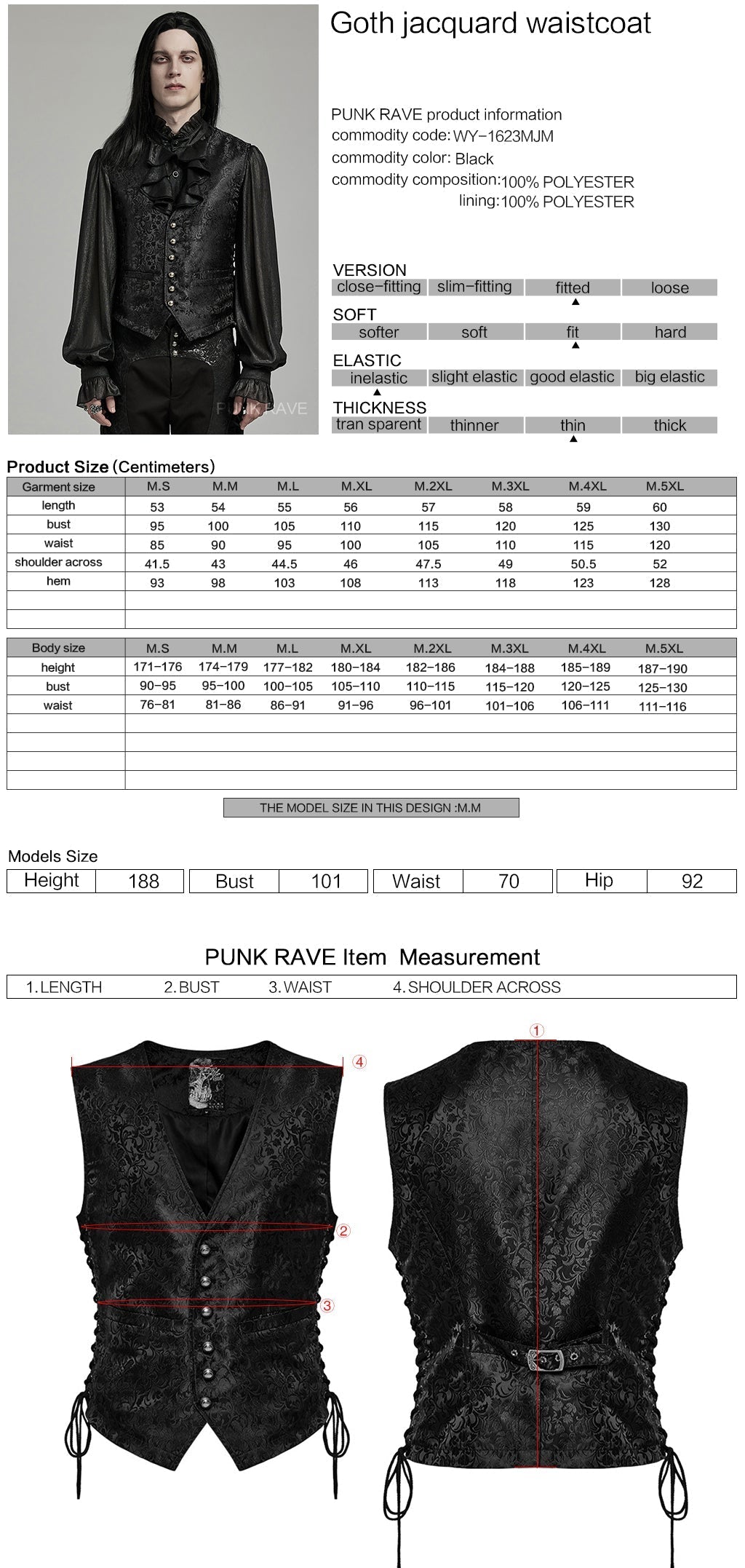 WY-1623MJM Midnight Gothic Vest Brocade Buttoned Waistcoat Lace-Up Sides?-??Punk Rave Clothing