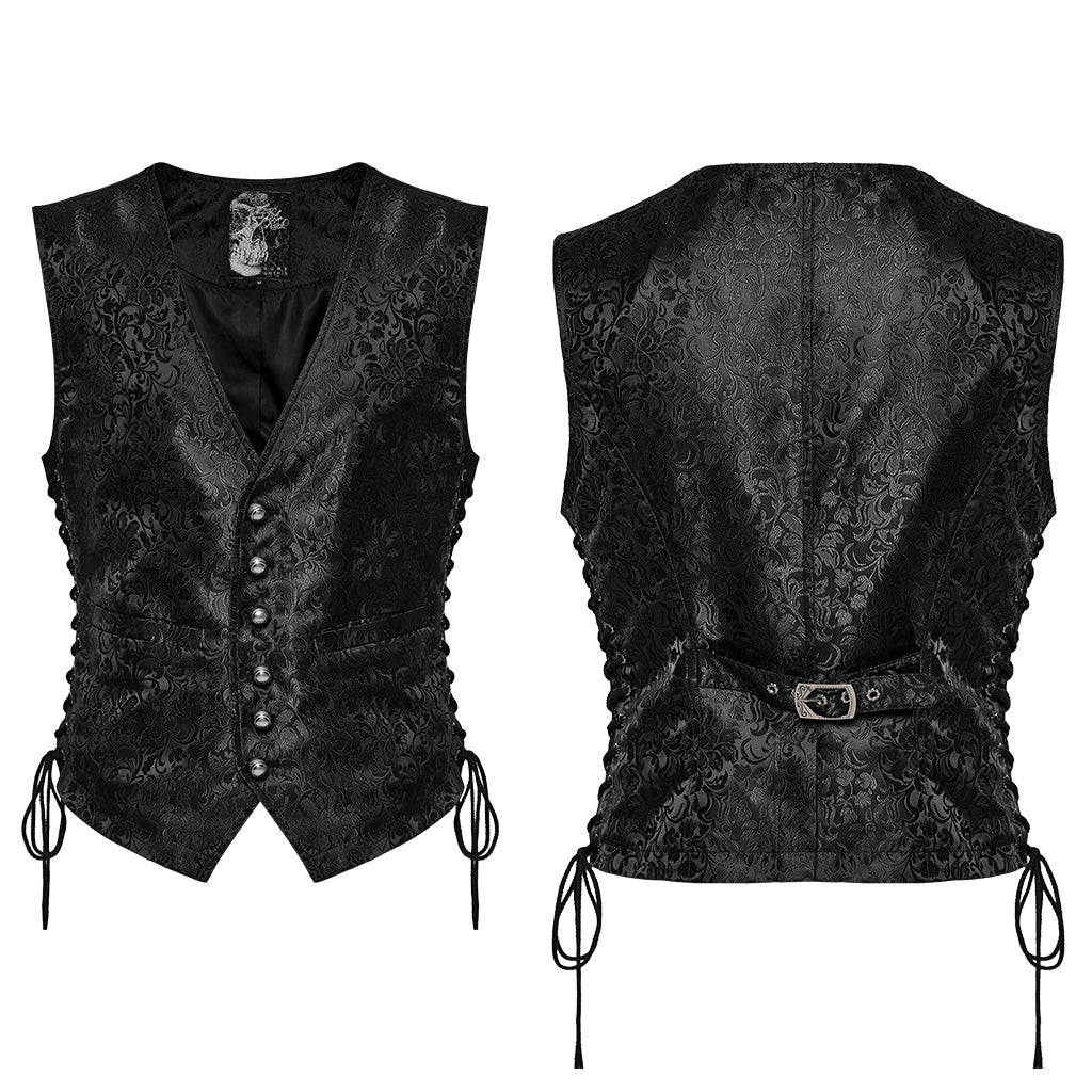 WY-1623MJM Midnight Gothic Vest Brocade Buttoned Waistcoat Lace-Up Sides