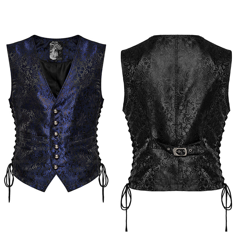 WY-1623MJM Midnight Gothic Vest Brocade Buttoned Waistcoat Lace-Up Sides