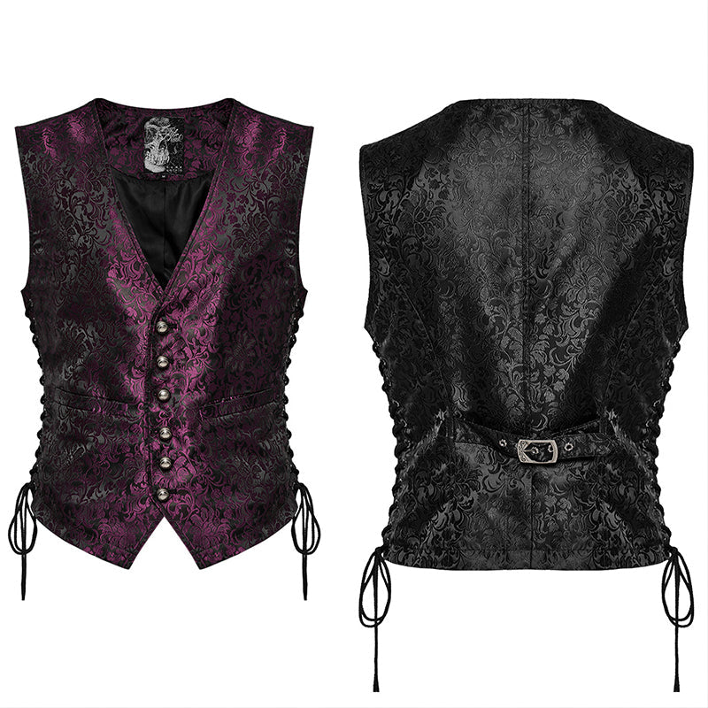 WY-1623MJM Midnight Gothic Vest Brocade Buttoned Waistcoat Lace-Up Sides?-??Punk Rave Clothing