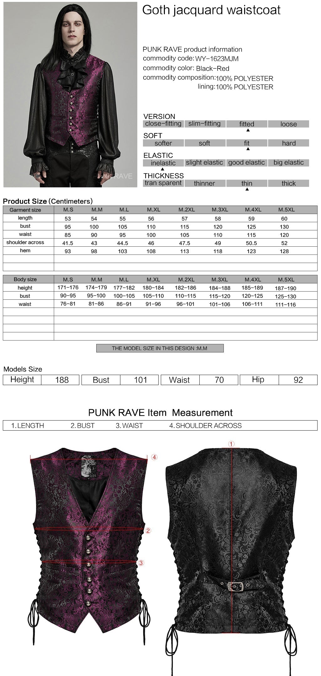 WY-1623MJM Midnight Gothic Vest Brocade Buttoned Waistcoat Lace-Up Sides?-??Punk Rave Clothing