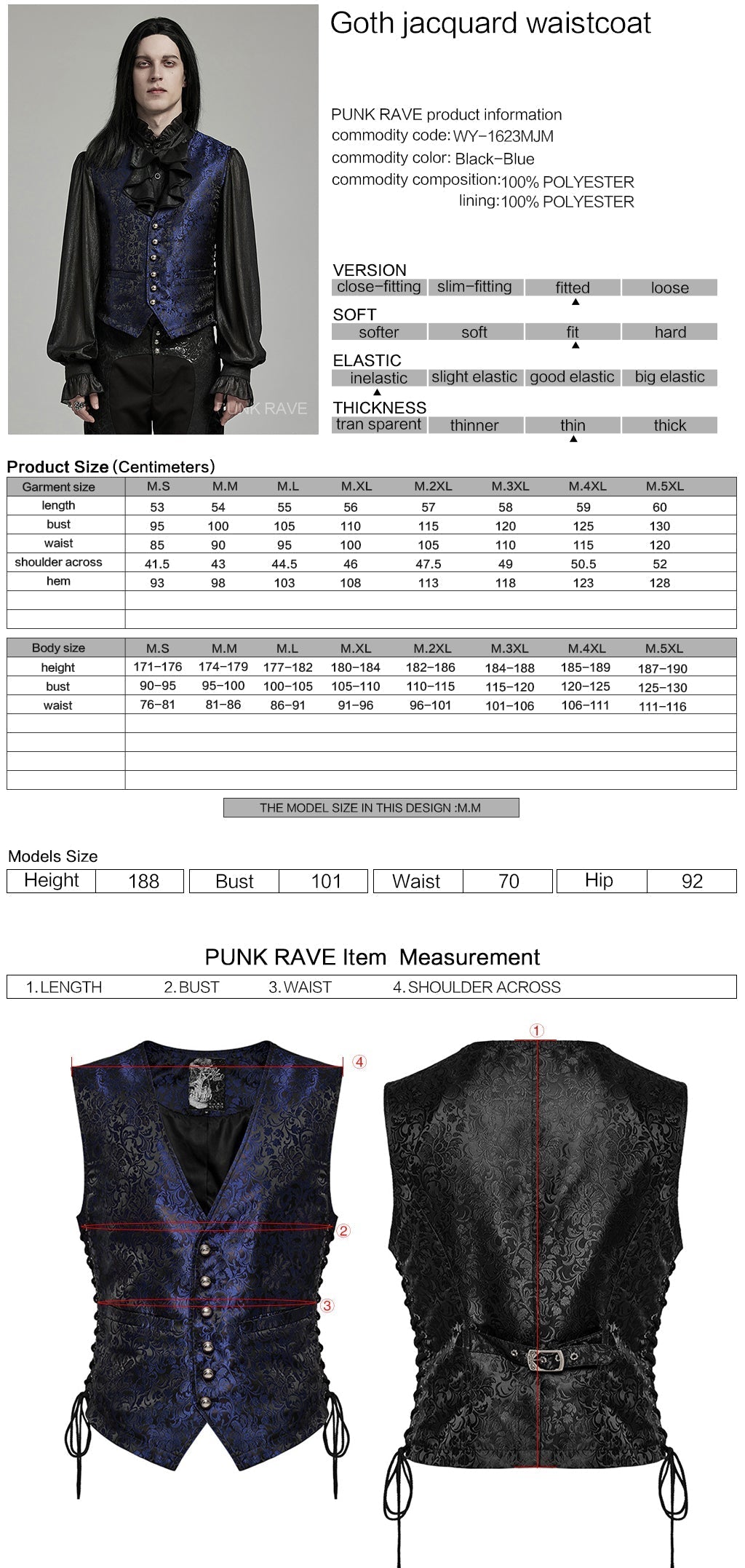WY-1623MJM Midnight Gothic Vest Brocade Buttoned Waistcoat Lace-Up Sides?-??Punk Rave Clothing