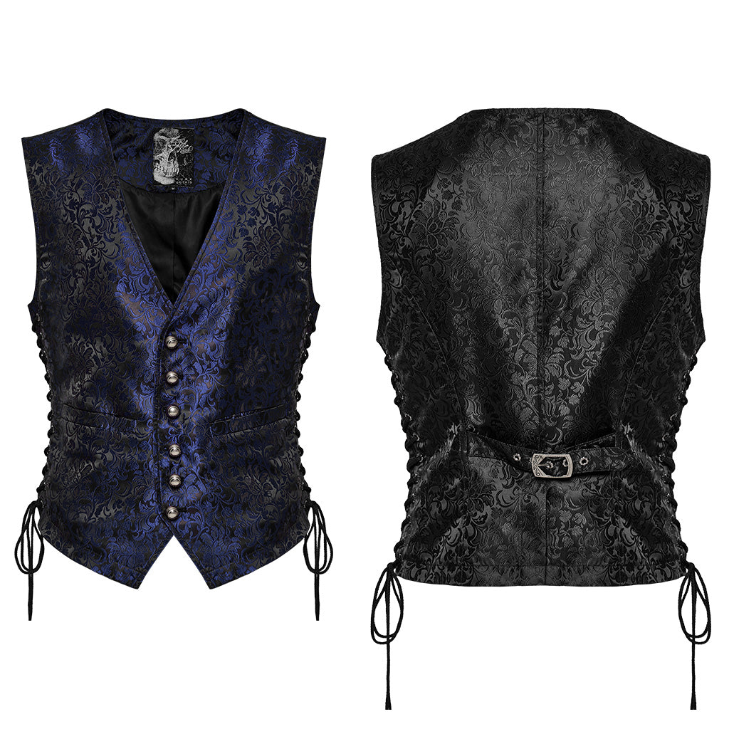 WY-1623MJM Midnight Gothic Vest Brocade Buttoned Waistcoat Lace-Up Sides