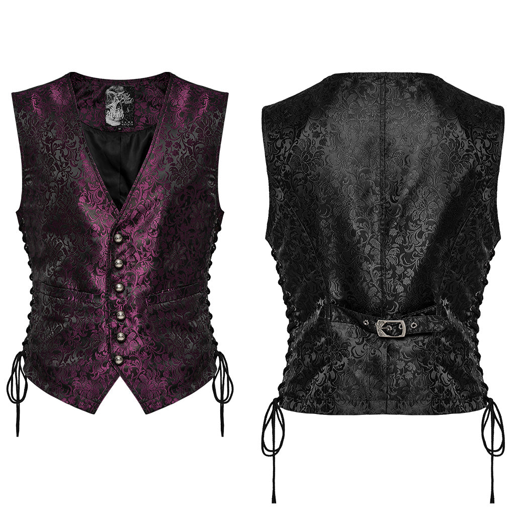 WY-1623MJM Midnight Gothic Vest Brocade Buttoned Waistcoat Lace-Up Sides?-??Punk Rave Clothing