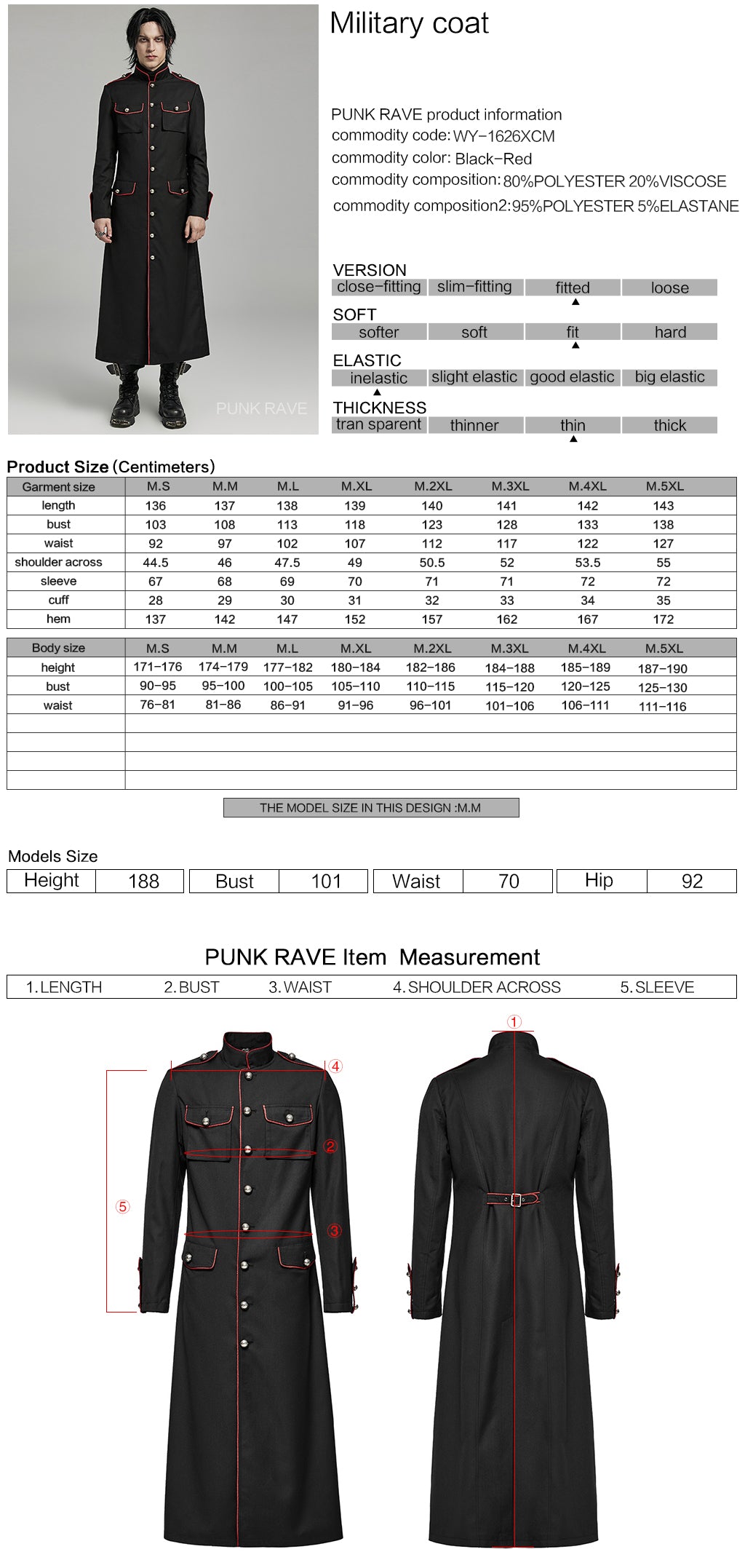 WY-1626XCM black Long Gothic Coat with Red Trim Button Accents