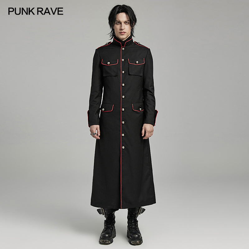 WY-1626XCM black Long Gothic Coat with Red Trim Button Accents