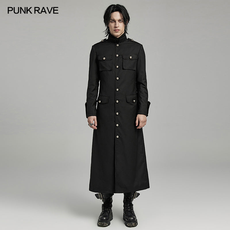 WY-1626XCM black Long Gothic Coat with Red Trim Button Accents