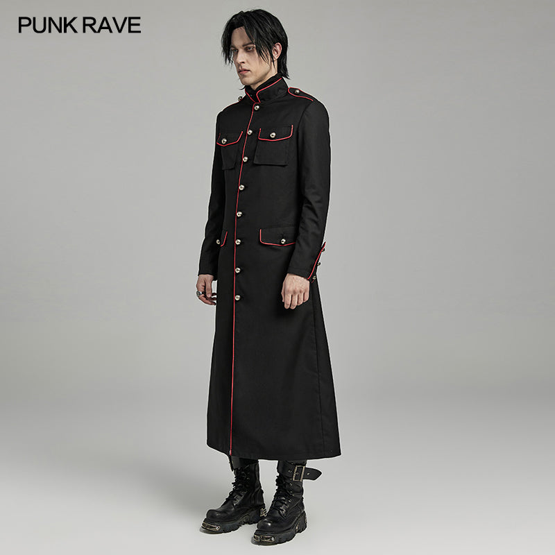 WY-1626XCM black Long Gothic Coat with Red Trim Button Accents