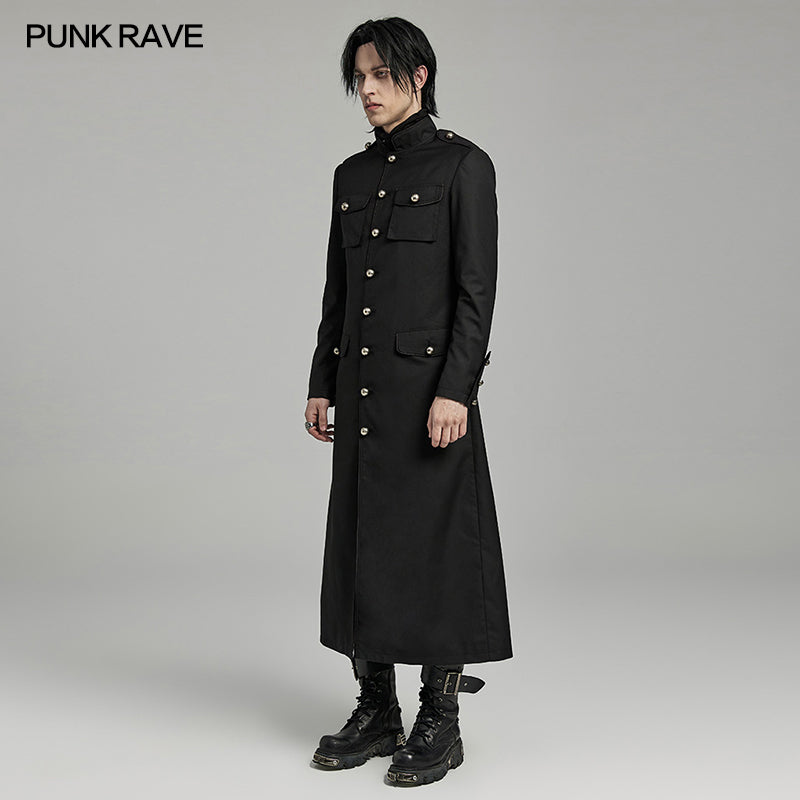 WY-1626XCM black Long Gothic Coat with Red Trim Button Accents?-??Punk Rave Clothing
