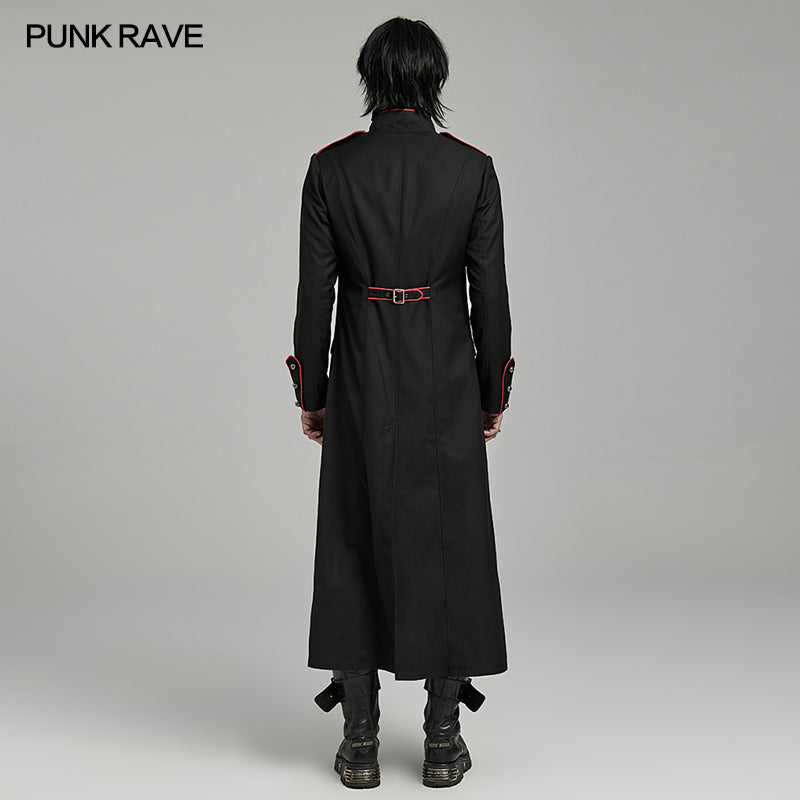 WY-1626XCM black Long Gothic Coat with Red Trim Button Accents