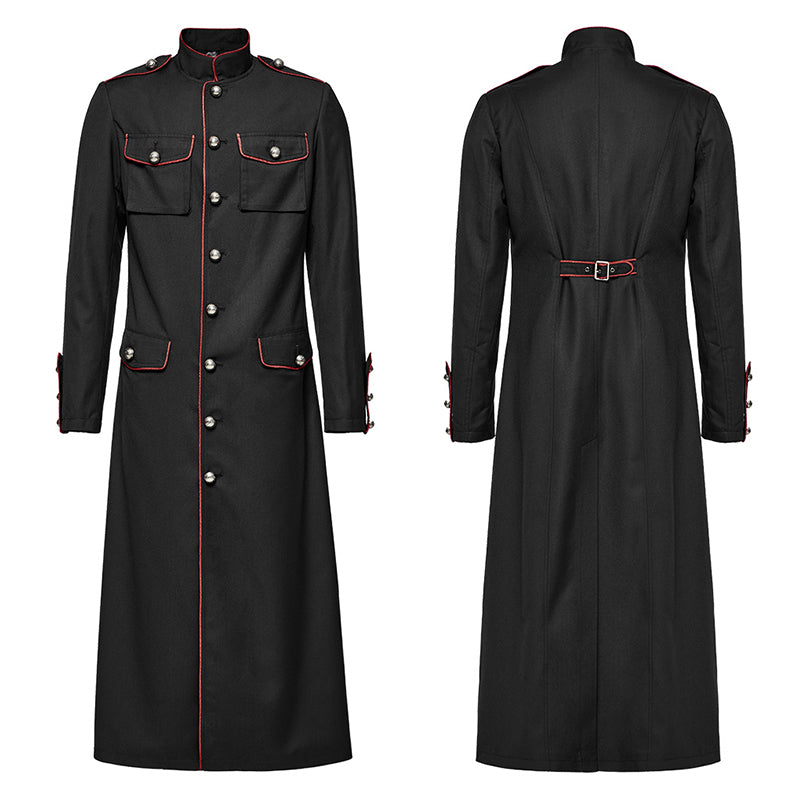 WY-1626XCM black Long Gothic Coat with Red Trim Button Accents