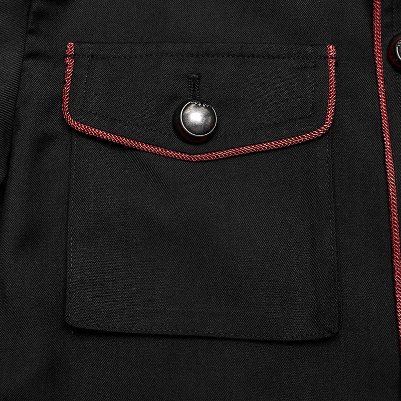 WY-1626XCM black Long Gothic Coat with Red Trim Button Accents?-??Punk Rave Clothing