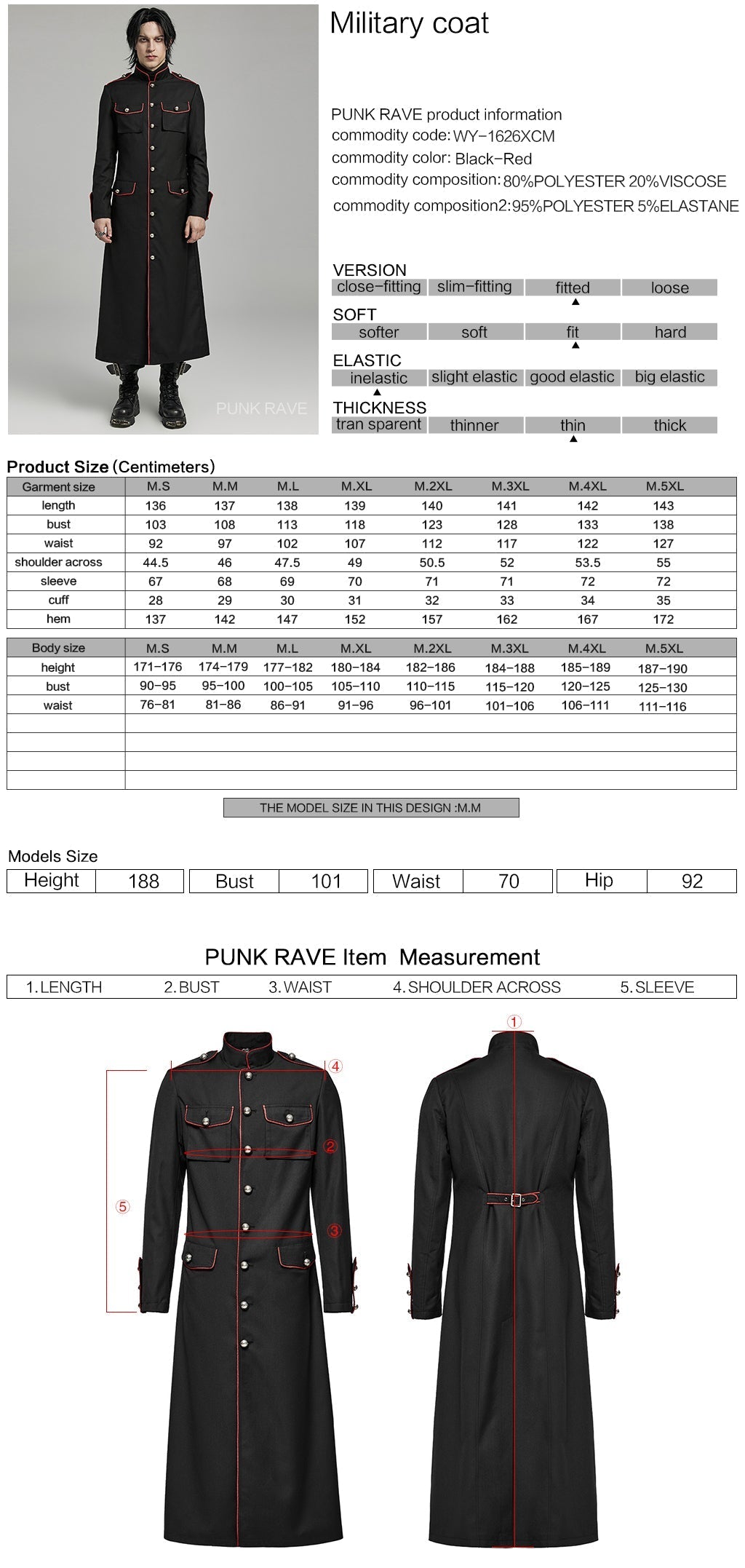 WY-1626XCM black Long Gothic Coat with Red Trim Button Accents?-??Punk Rave Clothing