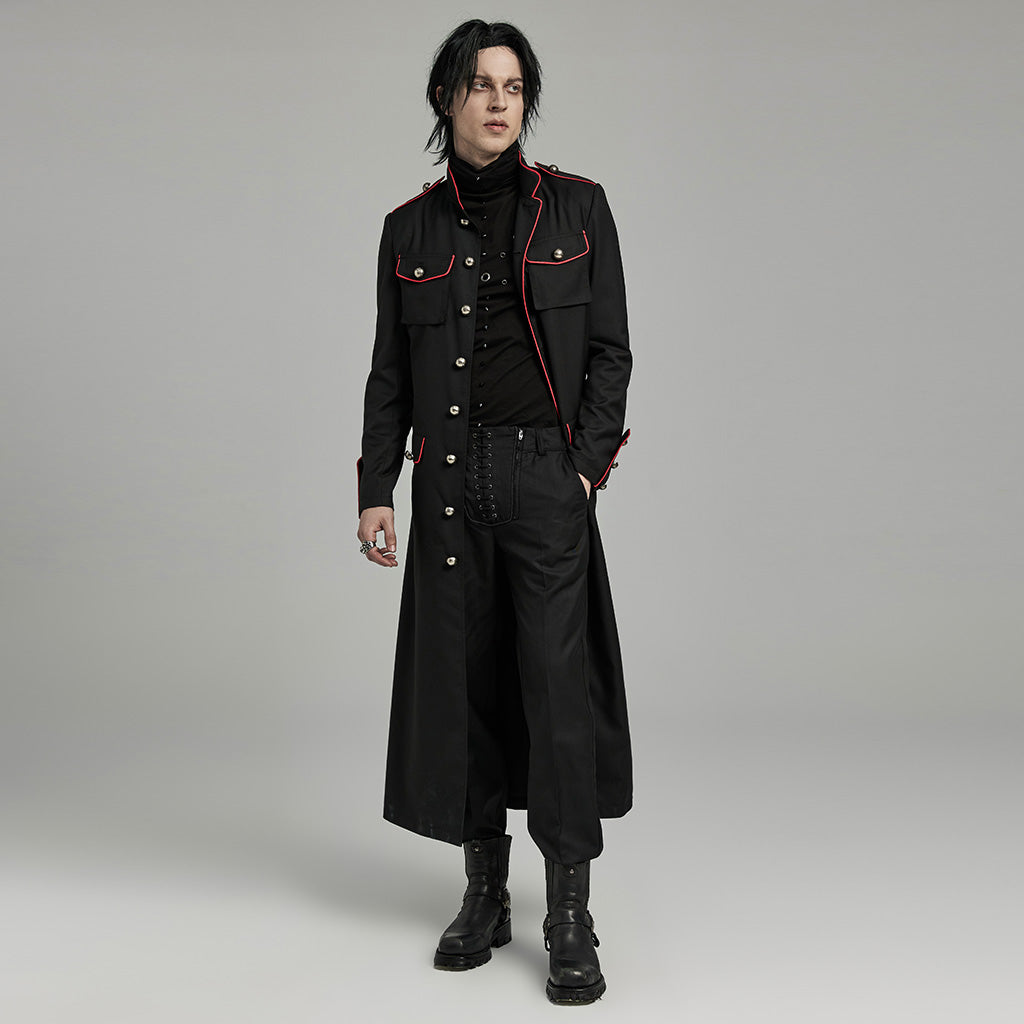 WY-1626XCM black Long Gothic Coat with Red Trim Button Accents