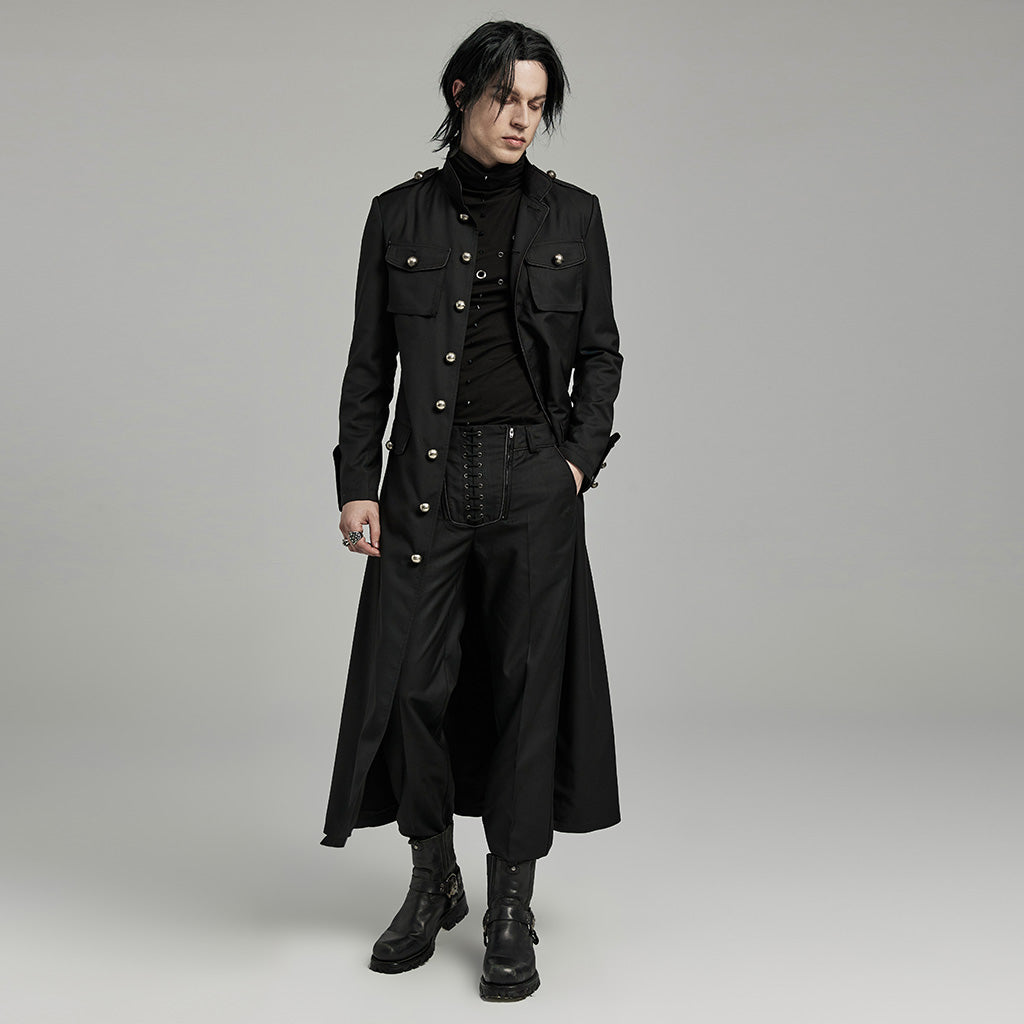 WY-1626XCM black Long Gothic Coat with Red Trim Button Accents