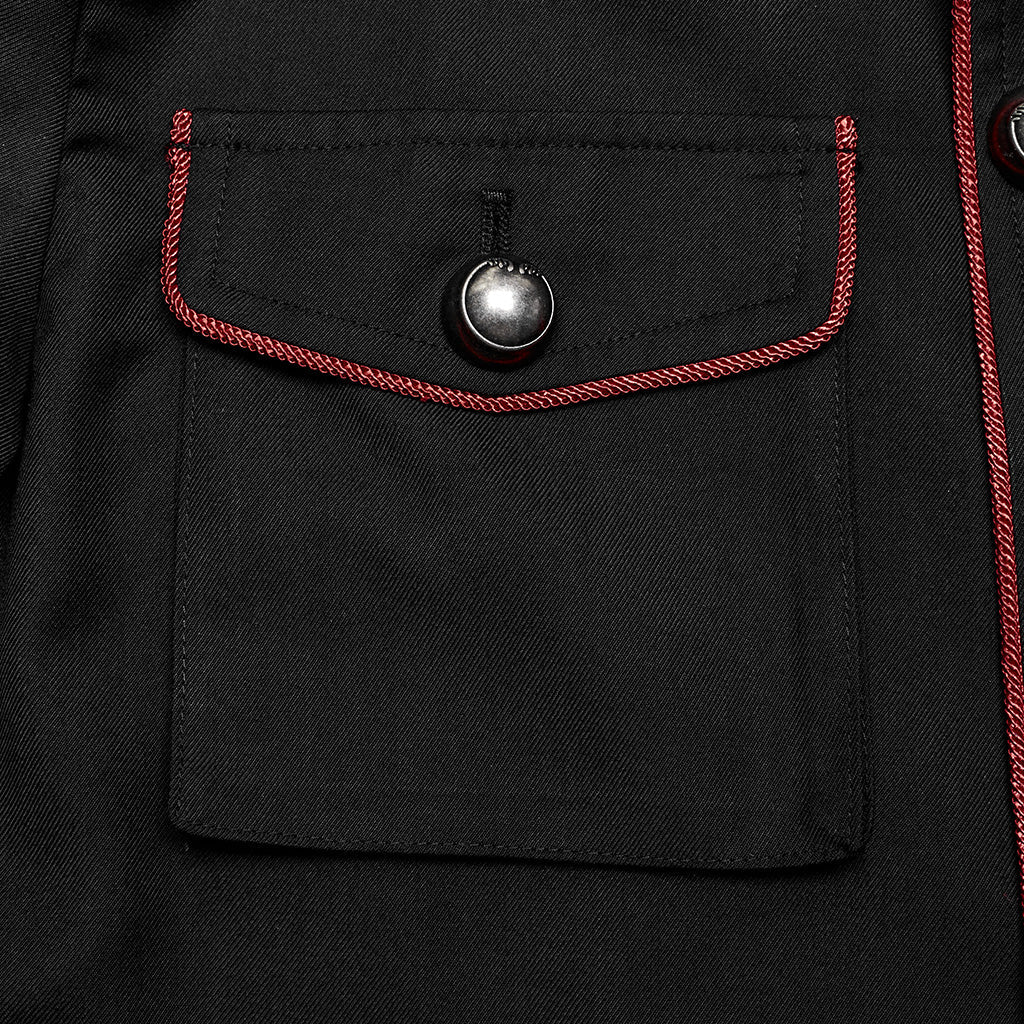 WY-1626XCM black Long Gothic Coat with Red Trim Button Accents?-??Punk Rave Clothing