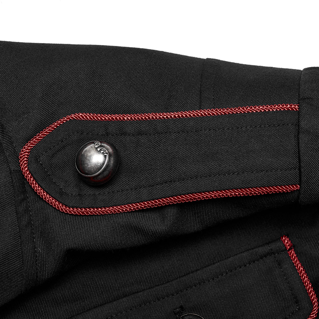 WY-1626XCM black Long Gothic Coat with Red Trim Button Accents?-??Punk Rave Clothing