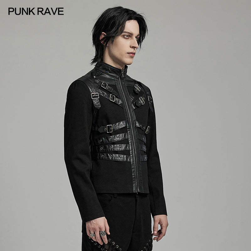 WY-1628XCM Mens black Buckled Strap Punk Jacket Retro Style?-??Punk Rave Clothing