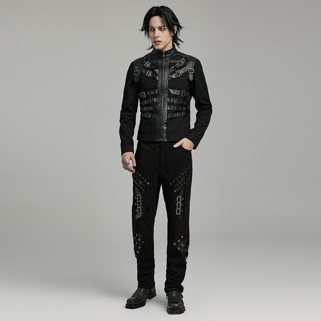 WY-1628XCM Mens black Buckled Strap Punk Jacket Retro Style