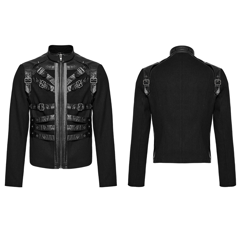 WY-1628XCM Mens black Buckled Strap Punk Jacket Retro Style