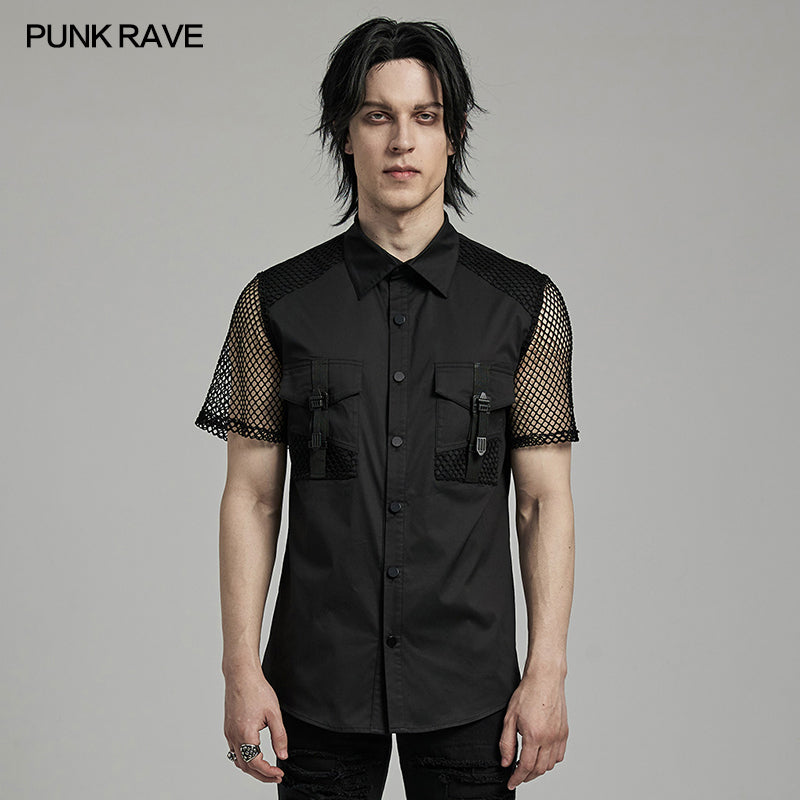WY-1631CDM Mesh Sleeve Zipper Pocket black Punk Shirt?-??Punk Rave Clothing