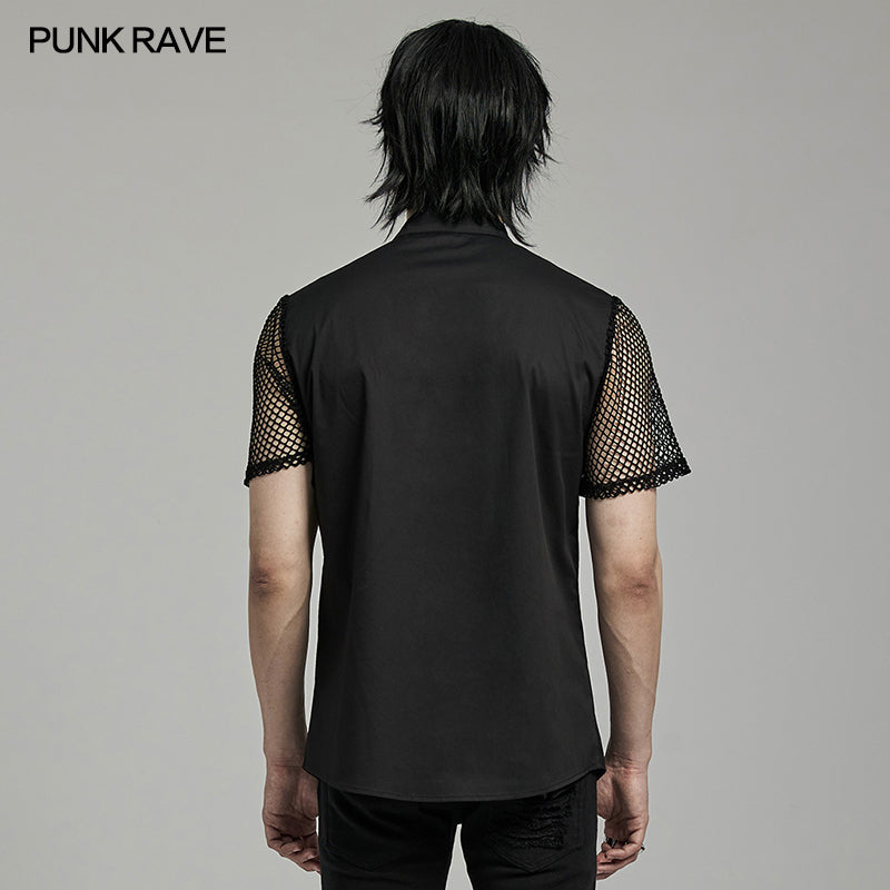 WY-1631CDM Mesh Sleeve Zipper Pocket black Punk Shirt?-??Punk Rave Clothing