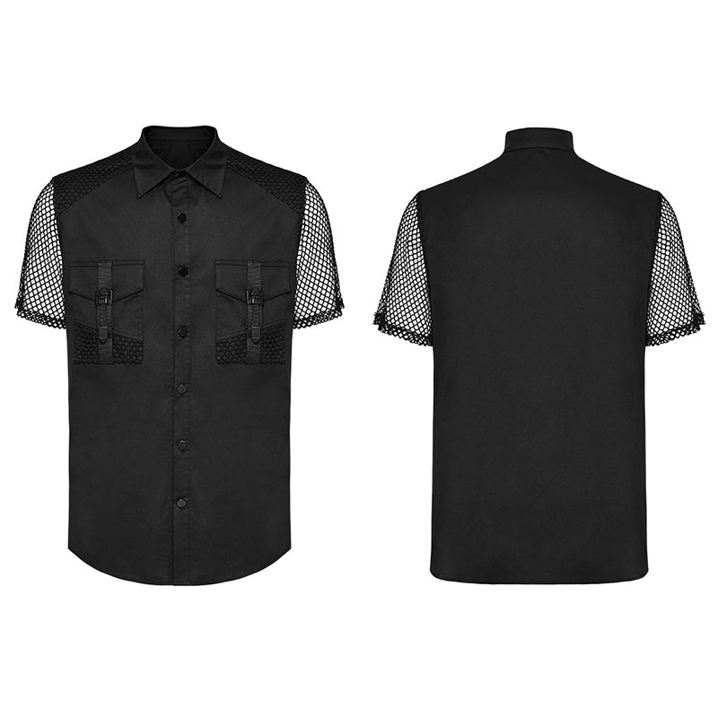 WY-1631CDM Mesh Sleeve Zipper Pocket black Punk Shirt?-??Punk Rave Clothing