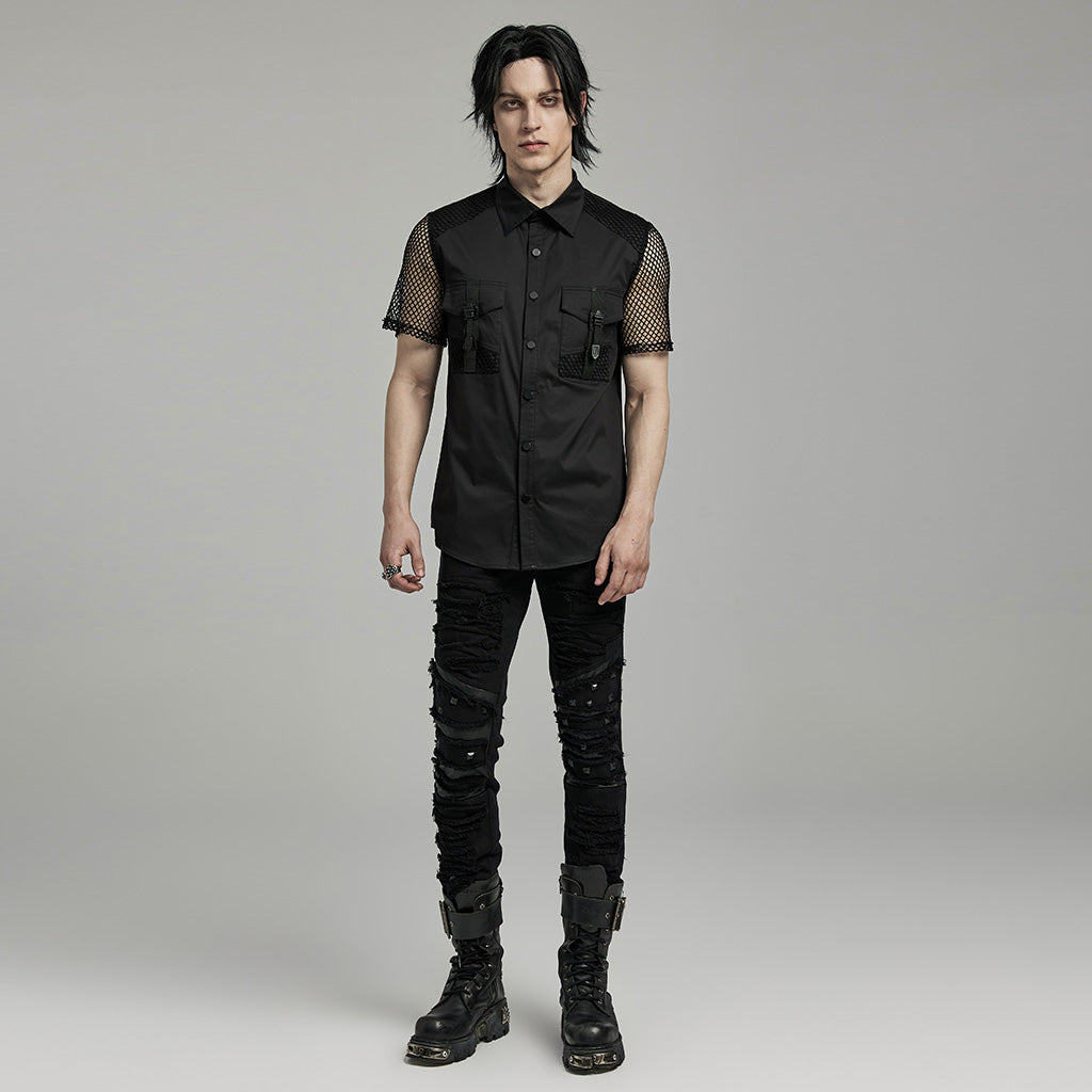 WY-1631CDM Mesh Sleeve Zipper Pocket black Punk Shirt?-??Punk Rave Clothing