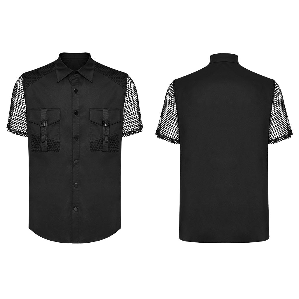 WY-1631CDM Mesh Sleeve Zipper Pocket black Punk Shirt?-??Punk Rave Clothing