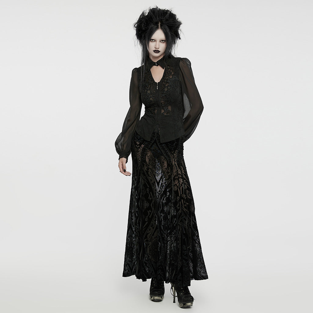 WY-1635CCF Sheer Lace Gothic Blouse with Puff Sleeves Elegant Design?-??Punk Rave Clothing