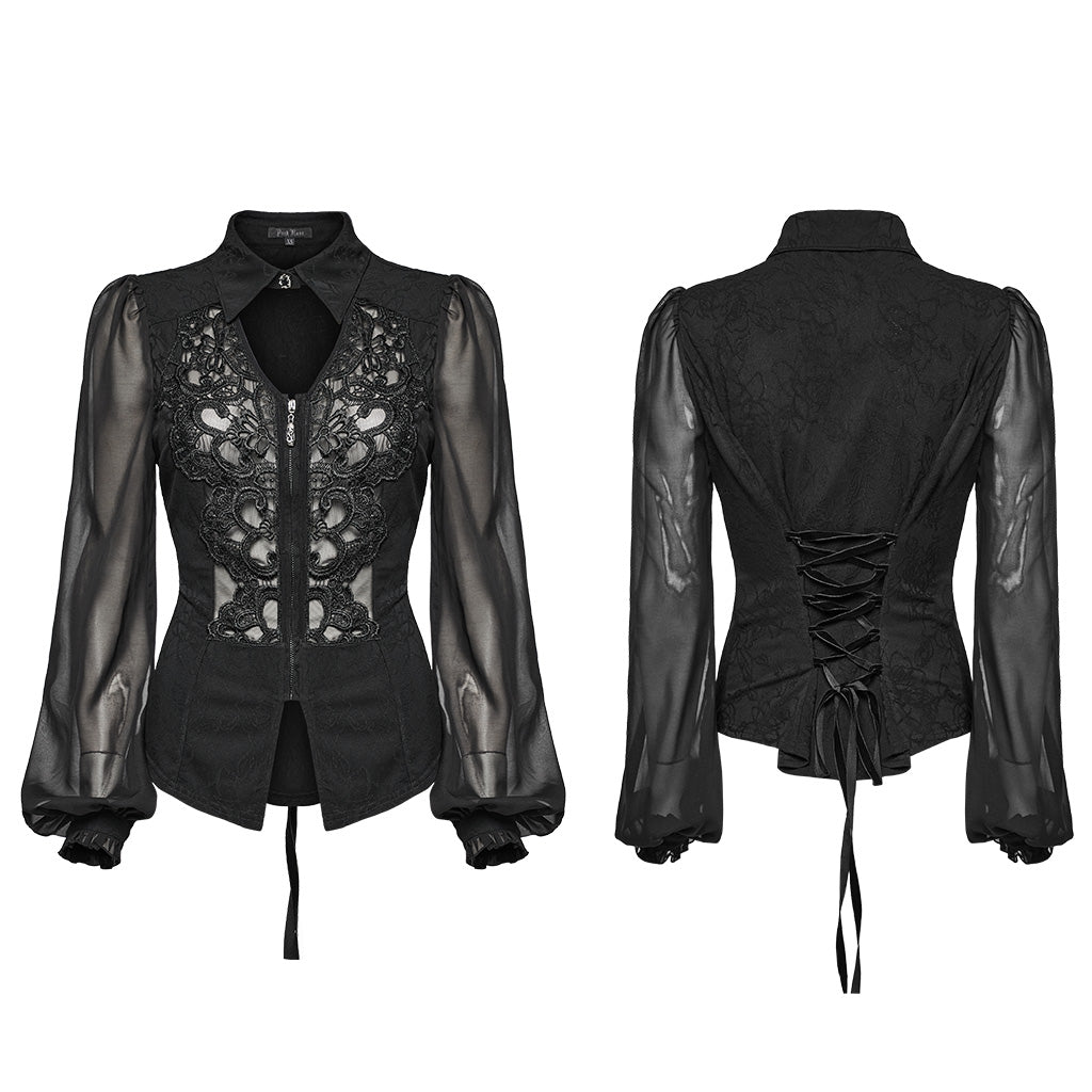 WY-1635CCF Sheer Lace Gothic Blouse with Puff Sleeves Elegant Design?-??Punk Rave Clothing