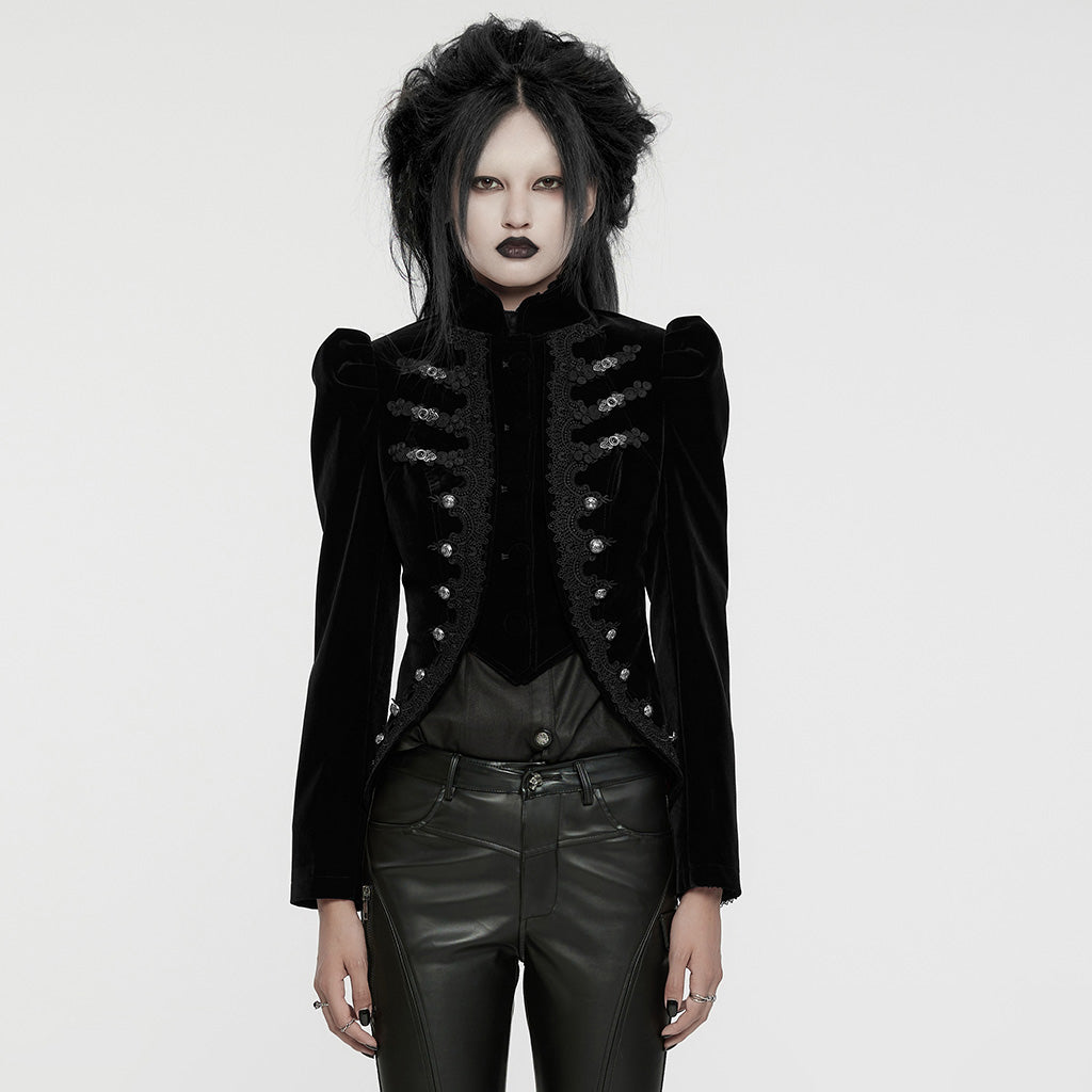 WY-1637XCF Elegant Victorian Gothic Coat Velvet High Neck Lace Trim?-??Punk Rave Clothing