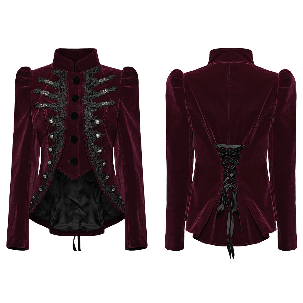 WY-1637XCF Elegant Victorian Gothic Coat Velvet High Neck Lace Trim?-??Punk Rave Clothing