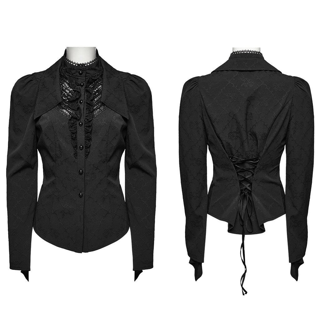 WY-1640CCF Elegant Gothic Double-Collar Lace-Up Blouse with Puff Sleeves?-??Punk Rave Clothing