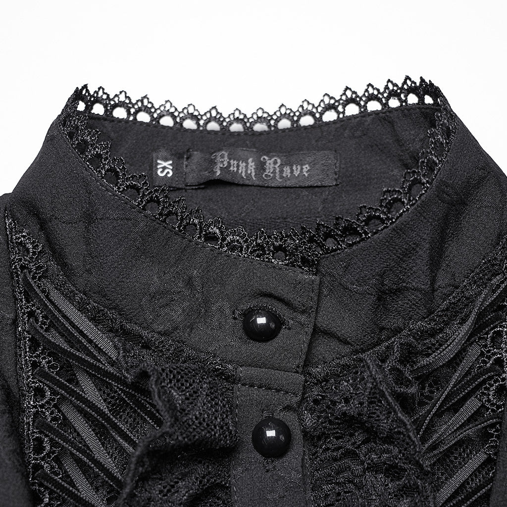 WY-1640CCF Elegant Gothic Double-Collar Lace-Up Blouse with Puff Sleeves?-??Punk Rave Clothing