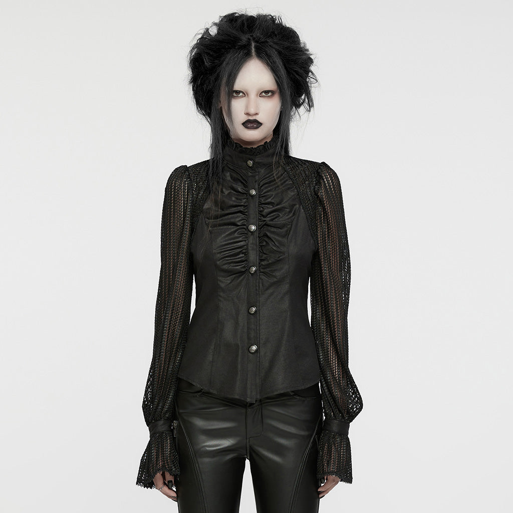 WY-1641CCF Gothic Pleated Lace Lantern Sleeve Mesh Shirt?-??Punk Rave Clothing