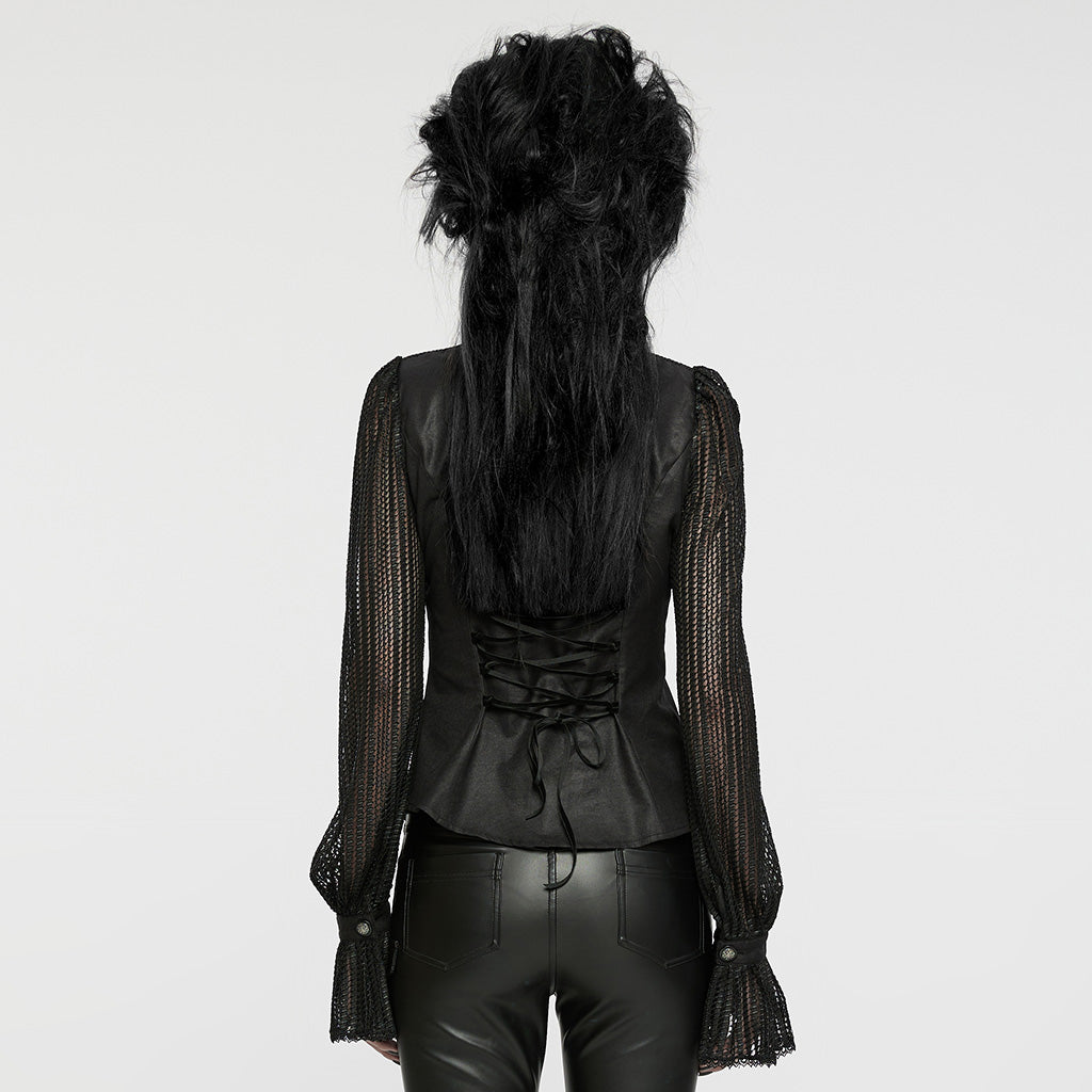WY-1641CCF Gothic Pleated Lace Lantern Sleeve Mesh Shirt?-??Punk Rave Clothing